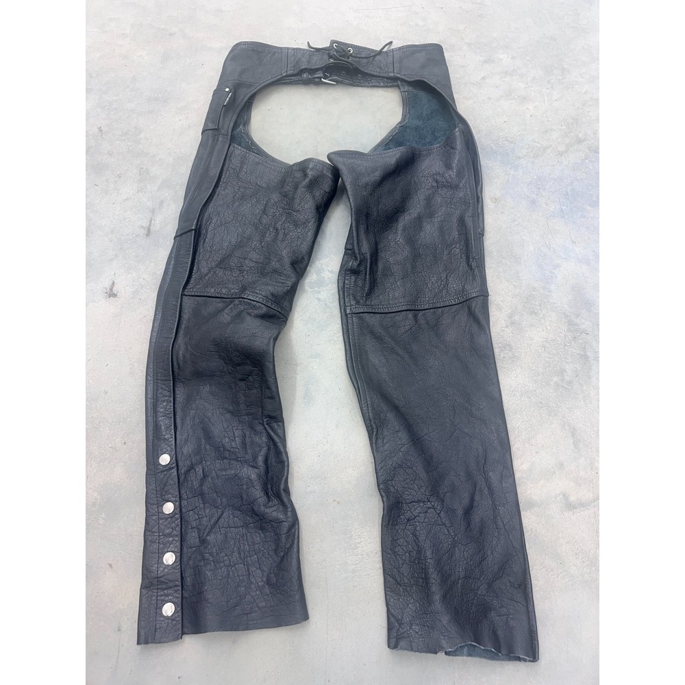 Leather King Chaps Mens Large Black Motorcycle Biker Western Cowboy Riding 90s